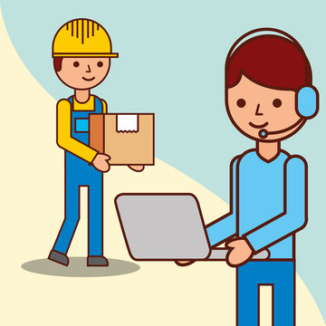 delivery man with a box and operator man holds laptop vector illustration
