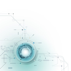 Obraz premium Vector illustration Abstract futuristic eyeball on circuit board, high computer technology. Light green and blue color background