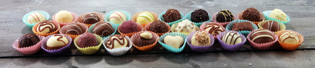 a lot of variety chocolate pralines, belgian confectionery gourmet chocolate.