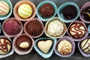 a lot of variety chocolate pralines, belgian confectionery gourmet chocolate.