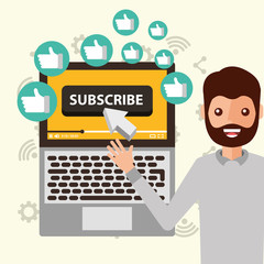 blogger man pointing laptop subscribe likes vector illustration