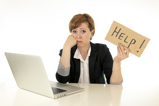 Attractive Young Tired And Frustrated Business Woman Working On Her Computer Asking For Help