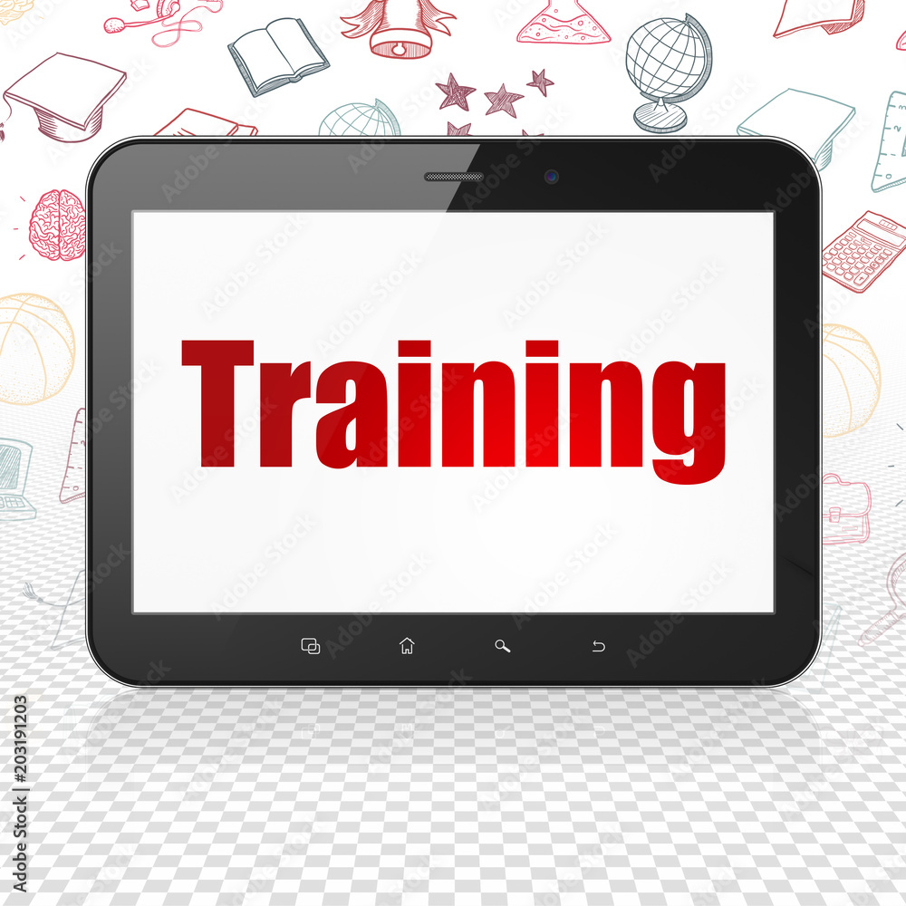 Poster studying concept: tablet computer with red text training on display, hand drawn education icons back