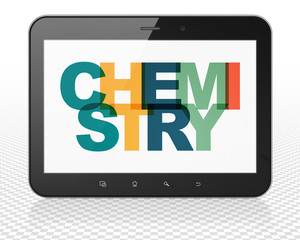 Studying concept: Tablet Pc Computer with Painted multicolor text Chemistry on display, 3D rendering