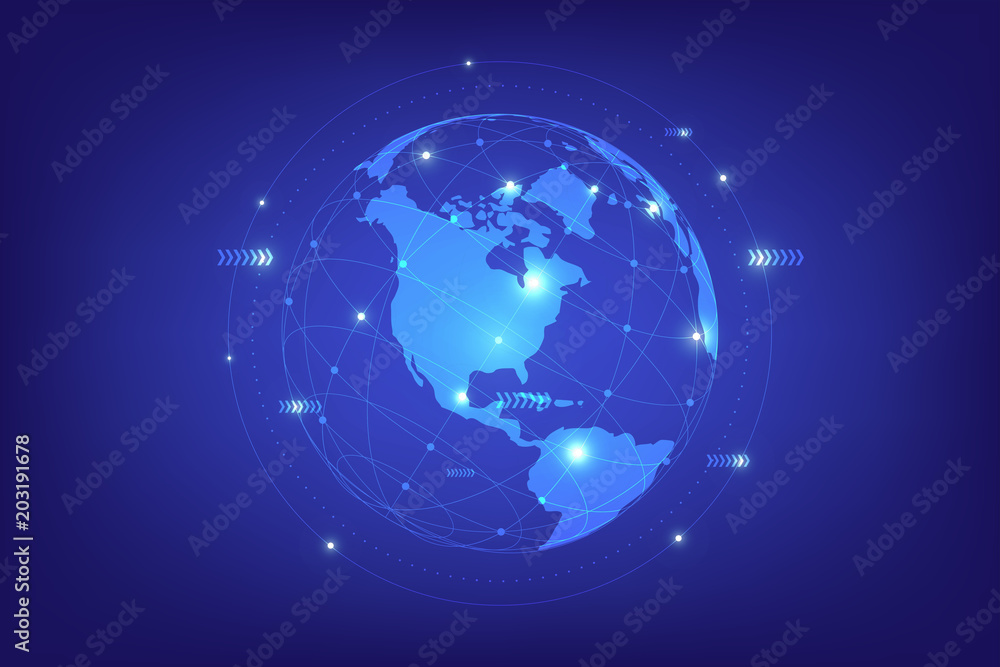 Poster world map point line composition representing the global network connection.