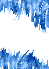 Watercolor blue background, blot, blob, splash of blue paint on white background. Watercolor blue, purple sky, spot, abstraction. Abstract art illustration, scenic background