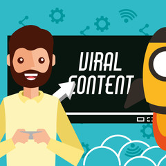 smiling man smartphone in hands viral content rocket vector illustration