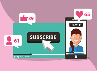 smartphone with woman on screen subscribe like follow love vector illustration