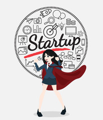 Superhero business woman cartoon for start up concept.