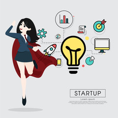 Superhero business woman cartoon for start up concept.