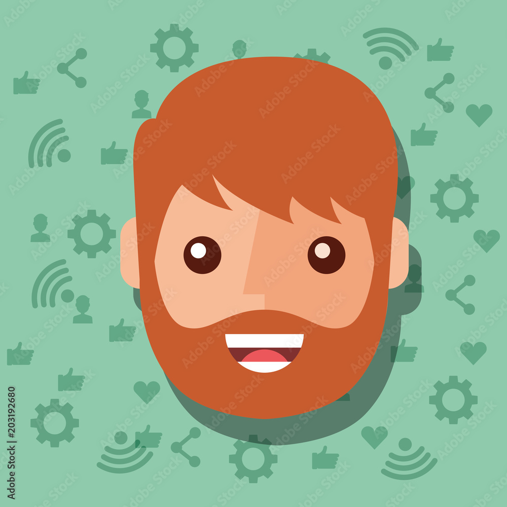 Poster man face character with social media networks icons background vector illustration