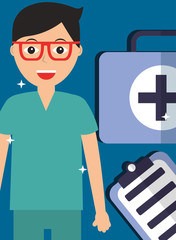 doctor in glasses with kit first aid and clipboard vector illustration