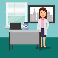 doctor female in consulting room desk laptop medicine bottle vector illustration