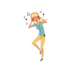 Beautiful blonde woman listening to music with headphones and dancing vector Illustration on a white background