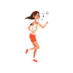 Beautiful brunette woman listening to music with headphones and dancing vector Illustration on a white background