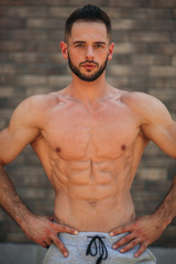 Obraz premium Young athlete posing with a torso for photography on a brick wall background. Bodybuilder, athlete with pumped muscles, breast and arm rescue