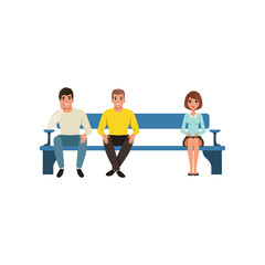 Woman and two men sitting on blue bench waiting their queue. Waiting room and reception. Flat vector design