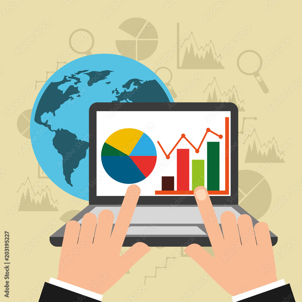 Poster hands typing keyboard laptop with pie chart diagram on screen global information vector illustration