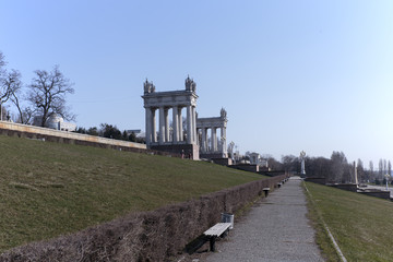 Volgograd, Russia, architectural ensemble of the Central embankment, in the early spring morning.