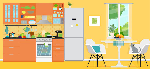 Yellow kitchen with furniture. Cozy modern kitchen interior with table, stove, cooker hood, kitchen drawers. Vector illustration. Flat style.