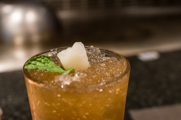 Close up cold drink at restaurant.