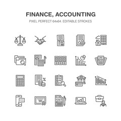 Financial accounting flat line icons. Bookkeeping, tax optimization, firm, accountant outsourcing, payroll, real estate crediting. Accountancy finance thin signs for legal services Pixel perfect 64x64