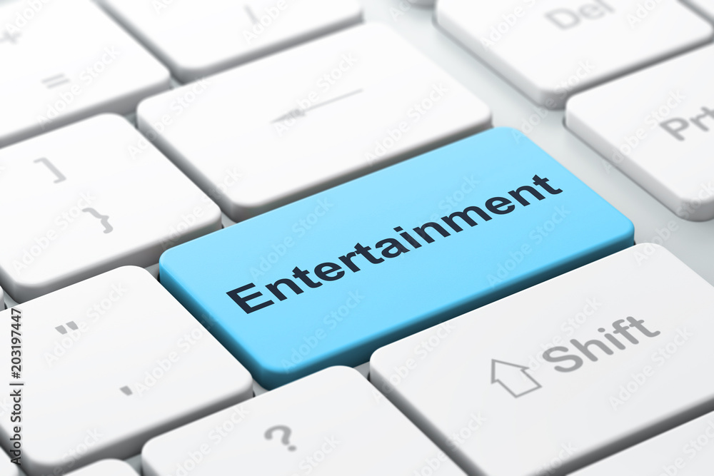 Aufkleber entertainment, concept: computer keyboard with word entertainment, selected focus on enter button ba