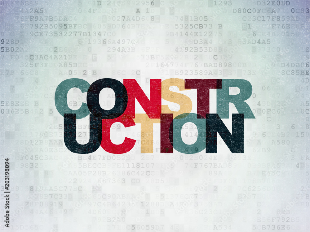 Poster building construction concept: painted multicolor text construction on digital data paper background