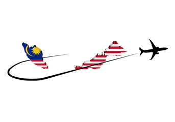 Malaysia map flag with plane silhouette and swoosh 3d illustration