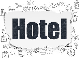 Tourism concept: Painted black text Hotel on Torn Paper background with  Hand Drawn Vacation Icons