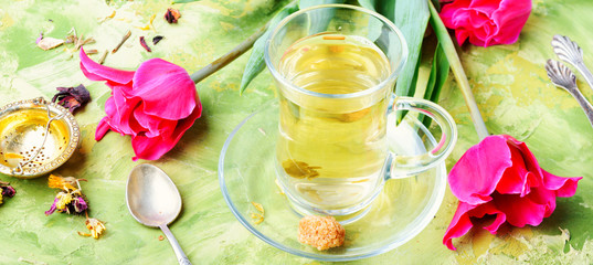 Herbal tea and spring tulip
