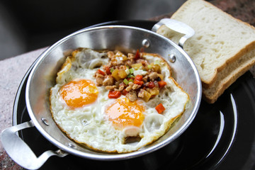 Indochina pan-fried egg with toppings in my homemade Thai style,egg pan.