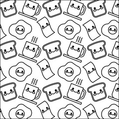 delicious food with hot coffee pattern kawaii character character vector illustration design