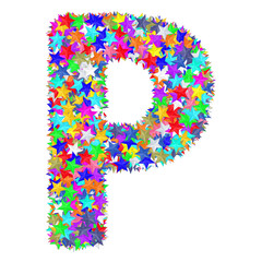 Alphabet symbol letter P composed of colorful stars isolated on white