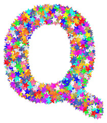 Alphabet symbol letter Q composed of colorful stars isolated on white