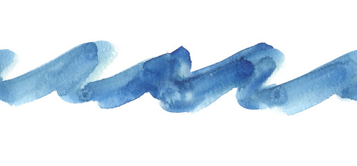 Seamless border with simple abstract blue wave painted in watercolor on white isolated background