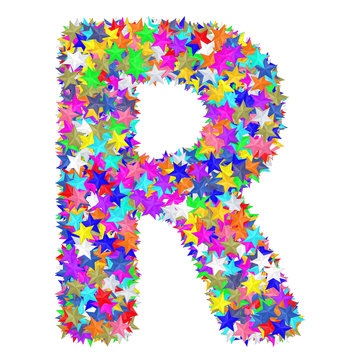 Alphabet symbol letter R composed of colorful stars isolated on white