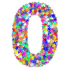 Alphabet symbol number 0 composed of colorful stars