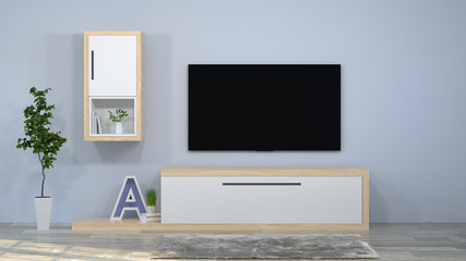 Tv with white,wood cabinet in the room 3d illustration furniture,modern home designs,background shelves and books on the desk in front of clean wall