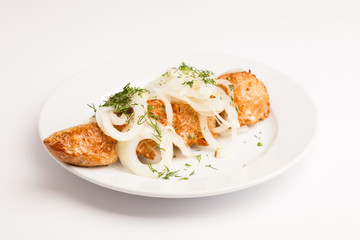 nice photo close-up menu of fresh tasty barbecue on a plate on a white background