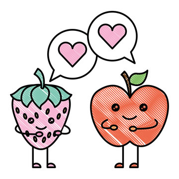 couple strawberry and apple fruit with speech bubble kawaii character vector illustration design