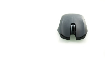 Wireless black computer mouse isolated on white background, frontview