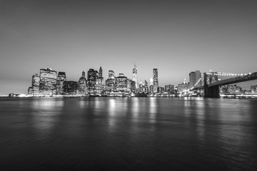 New york city at night. Black and white manhattan skyline. USA.