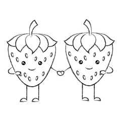 couple strawberries fruit healthy food kawaii character vector illustration design