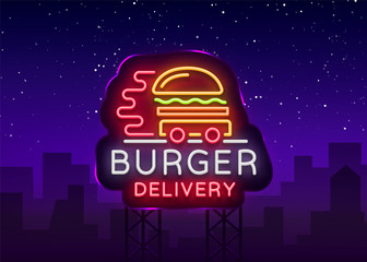 Burger delivery logo in neon style. Neon sign, light banner, design template, night neon advertising food delivery. Vector illustration. Billboard