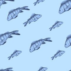 A flock of fish perch. Drawing made by watercolor, hand-drawn graphics on white isolated background. Undersea world. Seamless vintage artwork background. 