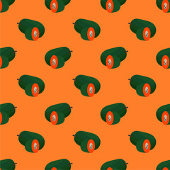 PAPAYA PATTERN
Green papaya with orange pulp set as seamless pattern on orange background. This can be used for wallpaper, fabric, background, wrap paper and etc.