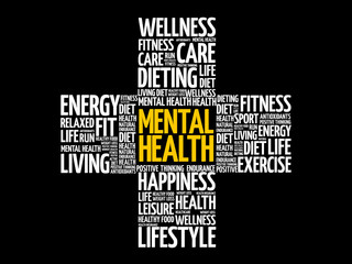 Mental health cross word cloud collage, health concept background