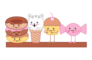 kawaii donuts ice cream candy and cupcake cartoon vector illustration