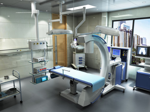 Equipment And Medical Devices In Modern Operating Room 3d Render Interior